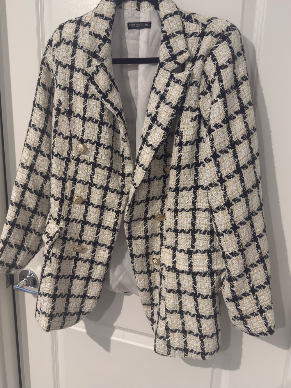 SHEIN Black & White Check Bouclé Double-Breasted Blazer - Picture 4 of 6